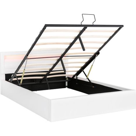 Lit coffre double, lit LED, 140x200cm, avec sommier à lattes et espace de rangement, avec tête de lit éclairée en diverses couleurs,Blanc,Tête de lit & similicuir