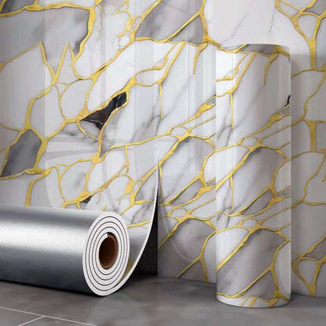 JSSEVN - Rollo de papel pintado autoadhesivo imitación mármol, 2,6 mm de grosor, resistente al aceite, impermeable, color piedra dorada. (1/5)