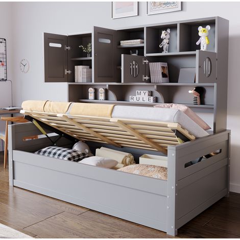 Bett Einzelbett Stauraum 90x200 Holz Grau OKMYHOME (1/5)
