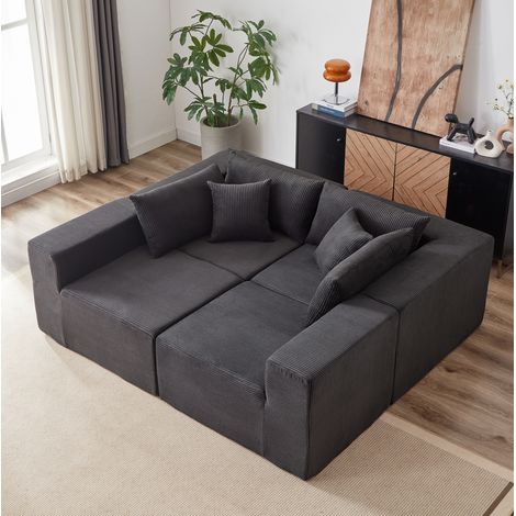 REDOM - Sofá modular en L, sin montaje, módulos separables, fácil de mover, tela de pana y espuma negras (1/5)