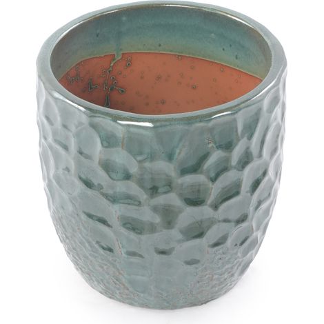 Vaso in ceramica verde scuro Ø18 cm con rilievo martellato e foro di drenaggio (1/5)