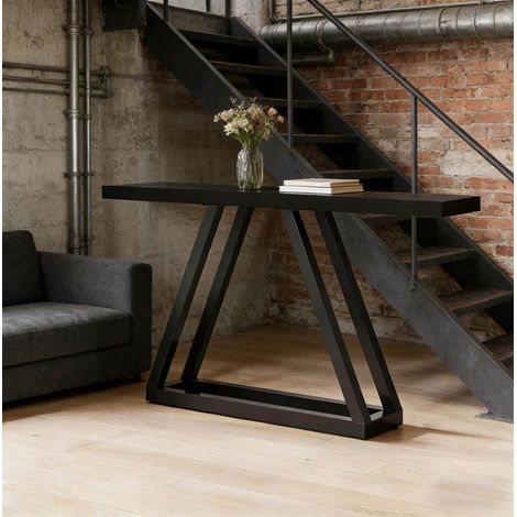 Consolle da ingresso salvaspazio, design industriale moderno, struttura in MDF e metallo, nera (1/5)