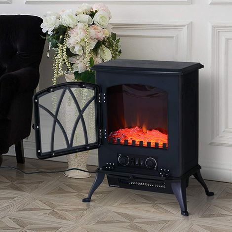 Noir - Cheminée électrique mobile 1000W/2000W Stove debout silencieuse doté de effet de flamme et surface de couverture 30m² (1/4)
