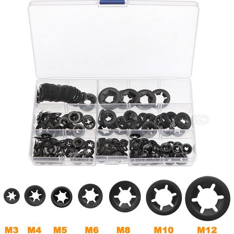 340 Pcs Rondelles Starlock, Rondelles de Blocage, Rondelles À Verrouillage, Vitesse Pousser Des Clips De Vitesse Fixations Rondelles - M3/M4/M5/M6/M8/M10/M12, Noir (1/5)