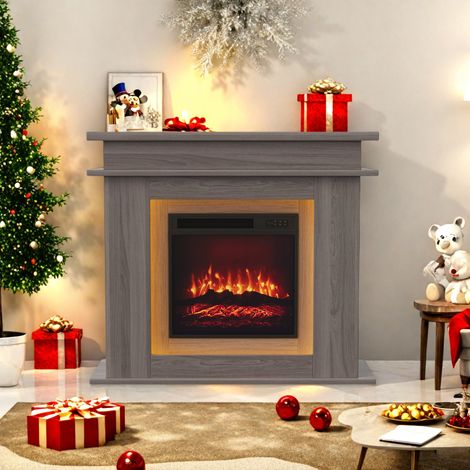 Cheminée électrique autoportante en chêne rustique, effet de flammes 3D,avec chauffage 2000W, température et couleur de flamme réglables, étagère de rangement ouverte et plateau de table,101x35x89cm