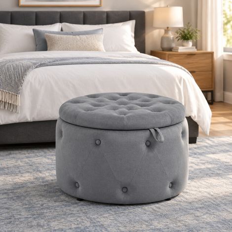 Sitzhocker Ø60 × 40 cm in Grau mit Stauraum, Steppdesign und Samtoptik (1/5)