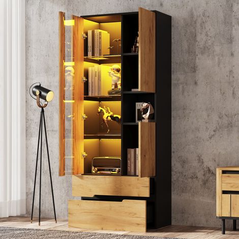 MODFU – Mobile vetrina 70x35x180 cm in MDF con 3 ante, 2 cassetti e LED tramite app, vetro temperato e carico 45 kg – Legno naturale/nero (1/5)