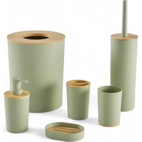 Set da 6 accessori bagno - TODAY - UTILITY - Dispenser sapone, bicchiere, portaspazzolini, portasapone, scopino WC, cestino - Verde (1/3)