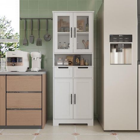 Armoire haute/buffet en MDF peint blanc, 4 portes, 2 tiroirs, 1 compartiment de rangement (1/5)