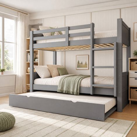 Etagenbett 90 x 200 cm mit Ausziehbett, in 2 Einzelbetten teilbar, Holz, Grau HAVRYA (1/4)
