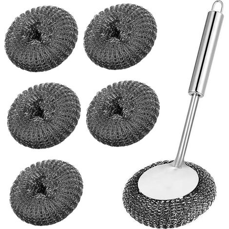 Juego de cepillos de cocina de acero inoxidable, estropajo de acero inoxidable, cepillo para platos reutilizable, 5 tubos de hierro con 1 mango para platos, sartenes y parrillas.