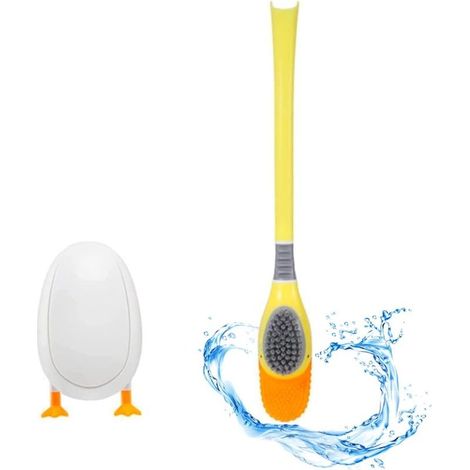 Brosse de Toilette en Canard de Plongée Balais WC Hygienique Salle de Bain Accessoires Balayette Silicone Poils Flexibles Poignée en Plastique Antidérapante avec Support Suspendu Mural, Jaune (1/5)