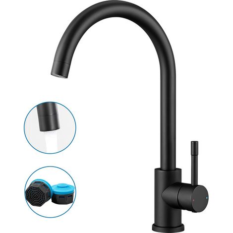 Auralum Grifo de Cocina en Acero inoxidable Negro 360° Giratorio Grifo de Fregadero con aireador desmontable, Grifo Cocina con Alto Caño 235 mm, Agua caliente y fría regulables (1/5)