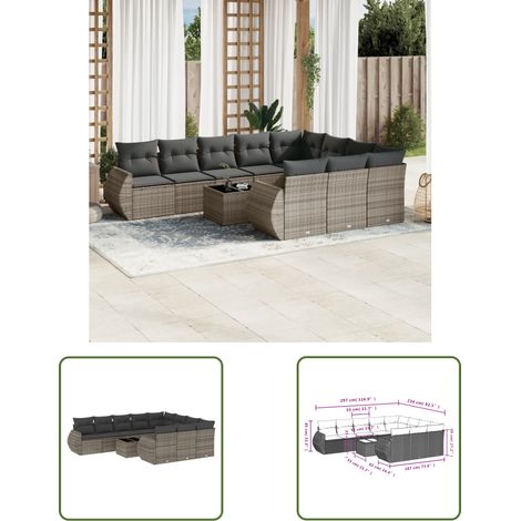 The Living Store 11-tlg. Garten-Sofagarnitur mit Kissen Grau Poly Rattan - Gartenmöbel Set - Gartensorte - Outdoor Möbel - Lounge Set - Rattan Gartenmöbel