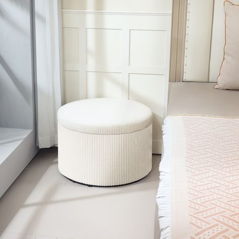 Pouf coffre rangement, tabouret rond, pouf repose-pieds en velours côtelé, charge 120 Kg, Ø 60 x 41 cm, beige