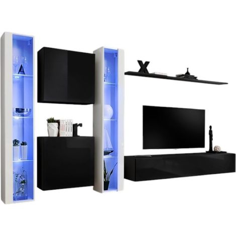 Composizione murale SWITCH XVI – Mobile TV, vetrine LED, cubi e mensola – Nero e bianco lucido – Design moderno