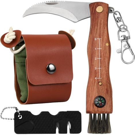 Couteau à champignons avec brosse, boussole et pochette, couteau pliant pour extérieur et camping