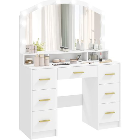 HOMCOM tocador con 10 luces led de 3 colores, tocador de maquillaje con espejo, 7 cajones, 3 compartimentos, moderno, para dormitorio, salón, blanco (1/5)