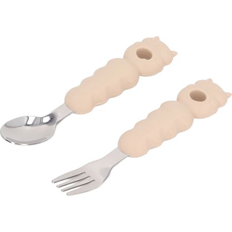 Mehrzweck-Gabel-Löffel-Set für Kleinkinder in Cartoon-Form, spülmaschinenfest, mit komfortablem Griff, Edelstahl 316, beige (1/5)