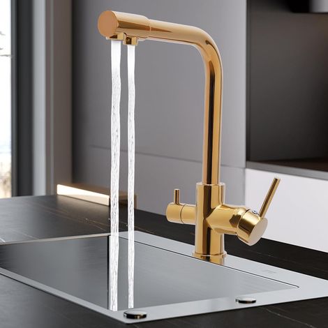 Trinkwasserhahn in 3 Richtungen, 360-Grad-Drehhahn, Küchenwasserfilter, Temperatureinstellbarer Beckenhahn (Gold) (1/5)