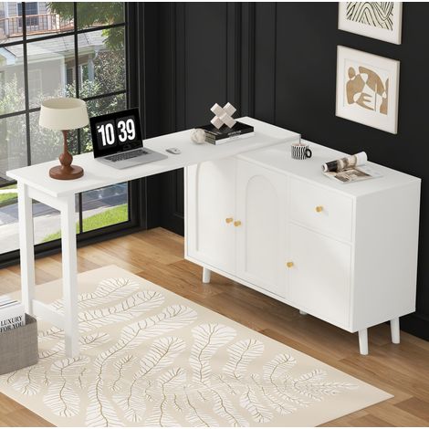 MEUBLIV Bureau d’angle 120x40x74,5 cm blanc – pivotant 360°, rangement 3 portes 1 tiroir (1/5)