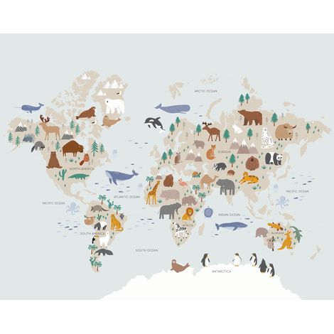papier peint panoramique carte du monde pour enfants bleu clair et beige - Sanders & Sanders (1/4)