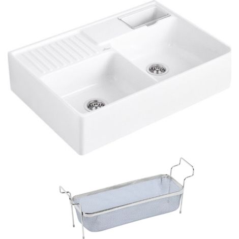 Evier timbre d'office VILLEROY ET BOCH Tradition 2 bacs 89,5 x 63 céramique vidage manuel blanc + Panier vaiselle