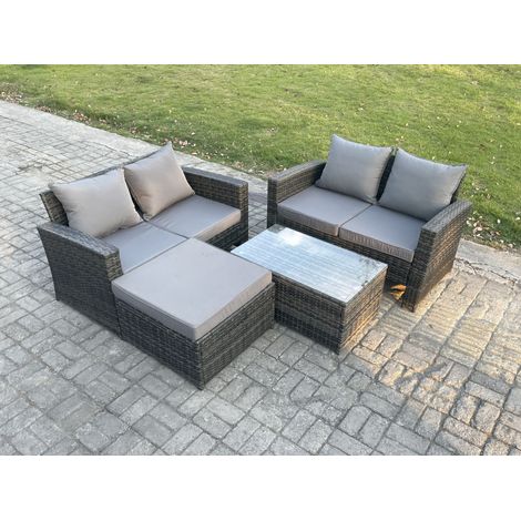 Fimous Wicker Rattan Garden Furniture Sofa Set with Rectangular Coffee Table Double Seat Sofa Big Footstool 5 Seater Outdoor Rattan Set Dark Grey Mixed