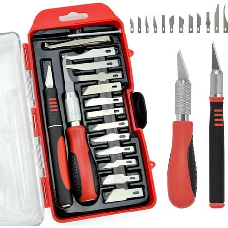 Ensemble de 16 scalpels et couteaux de précision, comprenant 2 couteaux à sculpter et 12 lames, idéal pour le modélisme, le travail du bois, la fabrication de tampons en caoutchouc et le travail du cu (1/5)