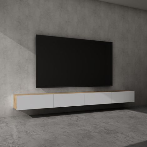 doporro Mobile Porta TV Sospeso 320 cm con 4 Ante Marrone Chiaro e Bianco Opaco, Credenza Bassa da Soggiorno Salotto, Madia Consolle Bicolore per TV Fernsehschrank02