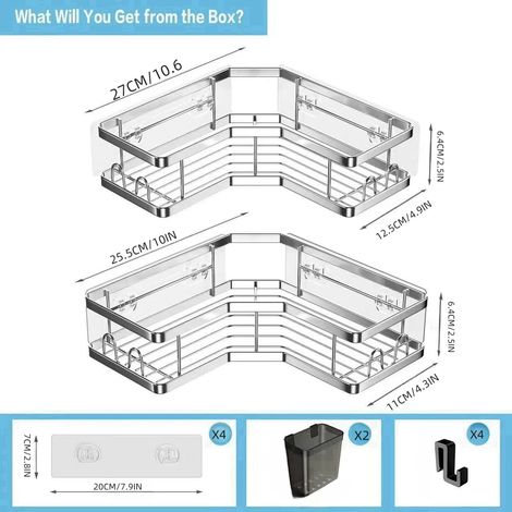 (shelf-yin) Étagère triangulaire double couche en acier inoxydable sans perçage, idéale pour le rangement d'angle dans la salle de bain, le balcon ou la cuisine. Gain de place et conception durable. (1/5)