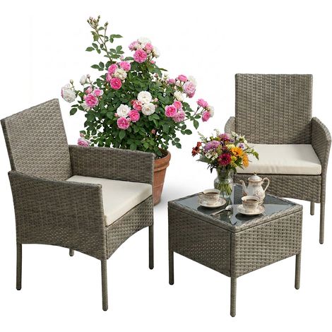Relaxdays Gartenmöbel Set, 3-tlg. Rattan Sitzgruppe, 2 Personen, 2x Sessel & Glastisch, Loungemöbel, outdoor, grau (1/5)