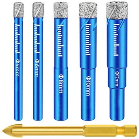 6 Pièces Foret Diamant Carrelage, 5,6,8,10,12 mm, Metal pour Carrelage de 6mm, Meche Carrelage pour Céramique Verre Granit Marbre Quartz (1/4)