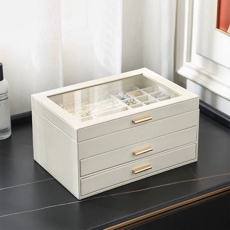 PU Leather 3 Tier Jewelry Box Organizer with Drawers (1/5)