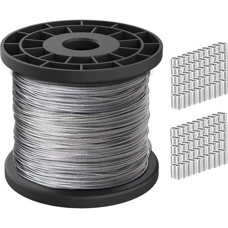 304 Stainless Steel Cable 1/16 Core Strands 100m, 167kg Breaking Strength with 100pcs Aluminum Crimp Sleeves (1/5)