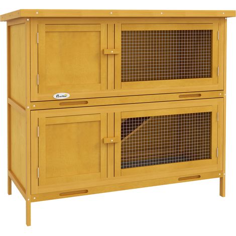 Conigliera a 2 Livelli in Legno di Abete e Bitume con Rampa, 2 Vassoi Estraibili 4 Porte, 97x44x91 cm, Giallo