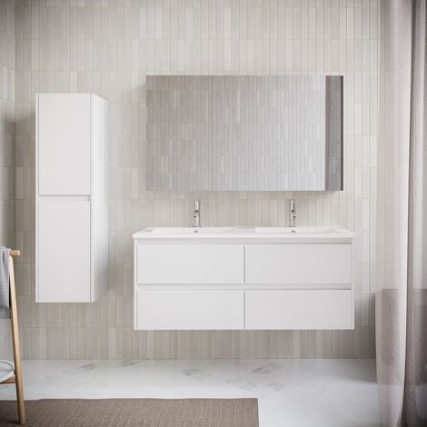 Stano. – Meuble double vasque suspendu 120 cm – En marbre synthétique blanc – 4 tiroirs – Système de trop-plein intégré – Conception haut de gamme (1/4)
