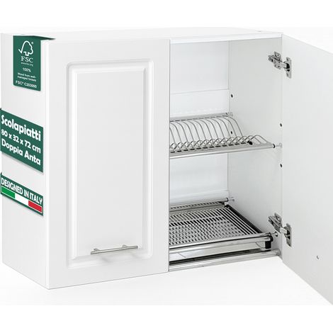 Pensile da Cucina Scolapiatti Sistema Raccogli Gocce Mobile Boiserie Bianco (1/5)