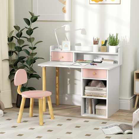 Juego de Escritorio Infantil con Silla Pupitre Infantil con Cajones Compartimento y Estantes Rosa y Blanco (1/5)