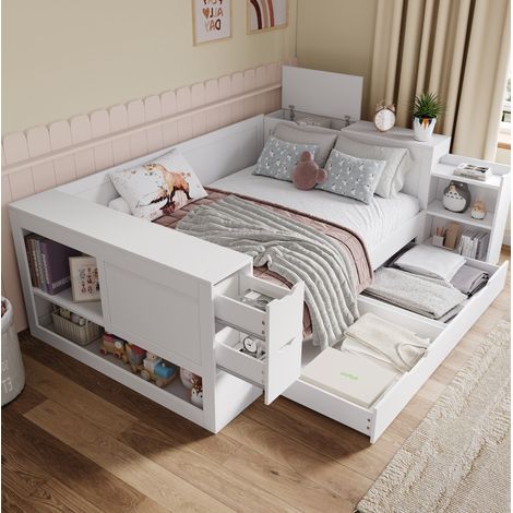 Letto contenitore 140x190 cm, con cassetti e spazio laterale, MDF bianco (1/5)