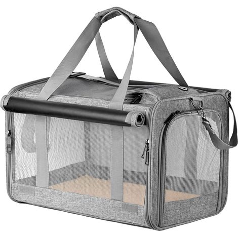 1 - Sac Transport Chat - Caisse de Transport Chien - Pliable et Respirant avec Store Enroulable pour Voyage et Vétérinaire Gris 47x26,5x29cm (1/5)