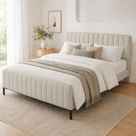 Cama tapizada de lino gris beige 140x200 cm con somier de láminas y cabecero ajustable (1/5)