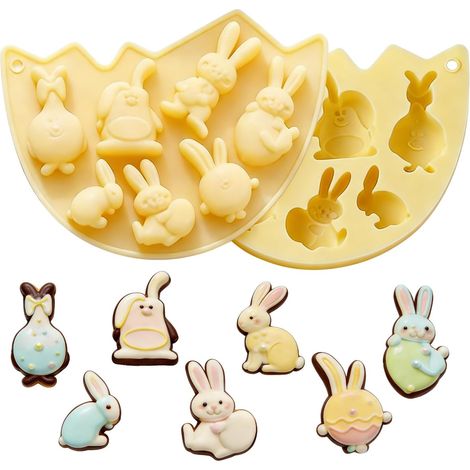 Lot de 2 moules en silicone jaunes en forme de lapin de Pâques - 7 cavités chacun, avec des motifs de lapins uniques. Moules antiadhésifs de qualité alimentaire pour chocolat, bonbons, aliments pour b (1/5)