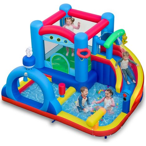 Costway – Château gonflable aquatique 370x360x204 cm – Toboggan, piscine à éclaboussures, canon à eau, 50 balles, sac de frappe – Pour 3 à 12 ans (1/4)