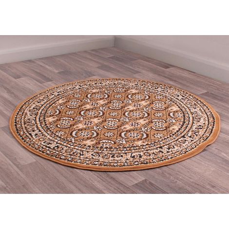 Traditional Poly Esta Bordered Classical Floral Gold Rug Floor Mat Carpet Circle 120 x 120 cm (4x4') Round (1/4)