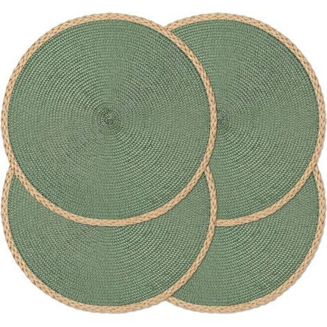 Set mit 4 runden geflochtenen Platzsets 38 cm Waschbar hitzebeständig rutschfest Für den Innen und Außenbereich geeignet Thanksgiving Weihnachten Grün (1/5)