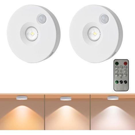 Lot de 2 spots LED sous meubles hauts avec télécommande et base magnétique éclairage LED pour placards avec détecteur de mouvement 3 couleurs d'éclairage sans fil éclairage de cuisine sans fil (1/5)