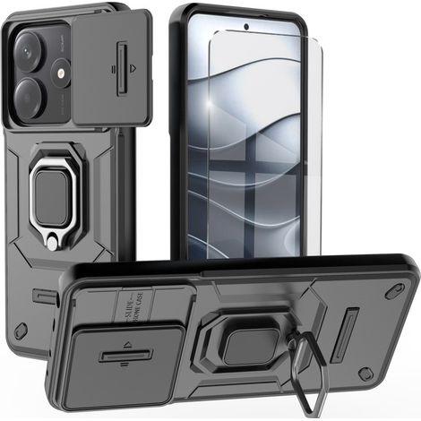 Funda para Xiaomi Redmi Note 14 5G, con soporte para la cámara y lente, color negro + cristal 9H. (1/5)