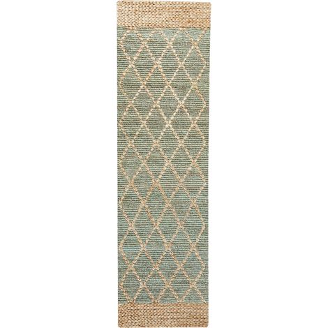 Alfombra de yute natural trenzado estilo boho patrón geométrico verde y beige 80 x 300 cm Tellikaya (1/5)