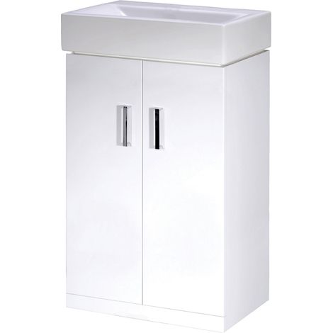 Two Door Cloakroom Vanity Ceramic Basin Unit in Gloss White Finish